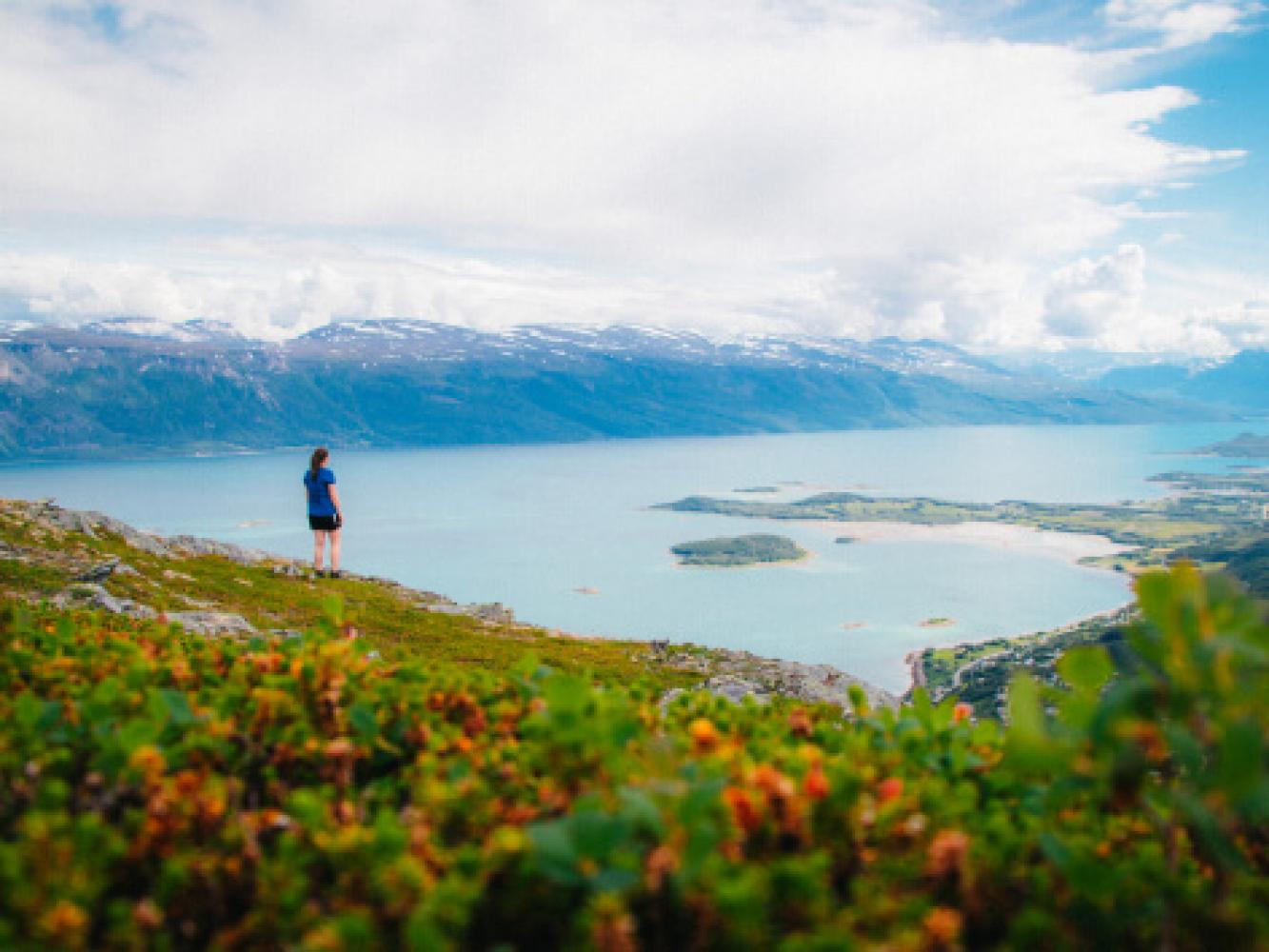 En person som nyter utsikten fra en fjelltopp i Tromsøregionen