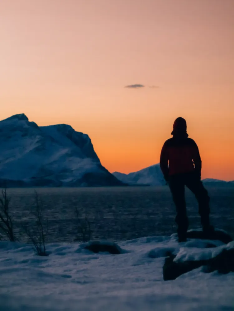 Person looking at Arctic winter landscape during Polar night season close to Tromso