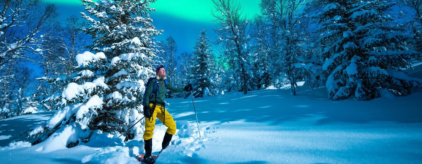 Lady enjoying the northern lights with snowshoes