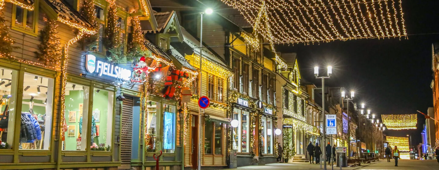 Main street in Tromsø decorated for Christmas