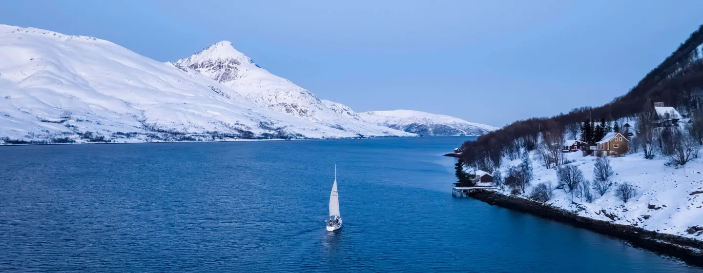 A boat sailing through the fjord