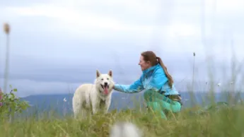 Dame som koser med en husky i Tromsø